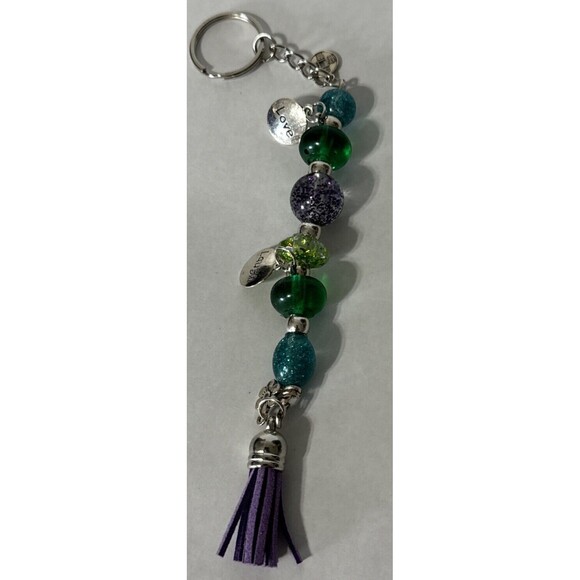 Handmade Epoxy Resin Key Chain Or Purse Charm Green Purple Blue Glitter Beads - Picture 6 of 7
